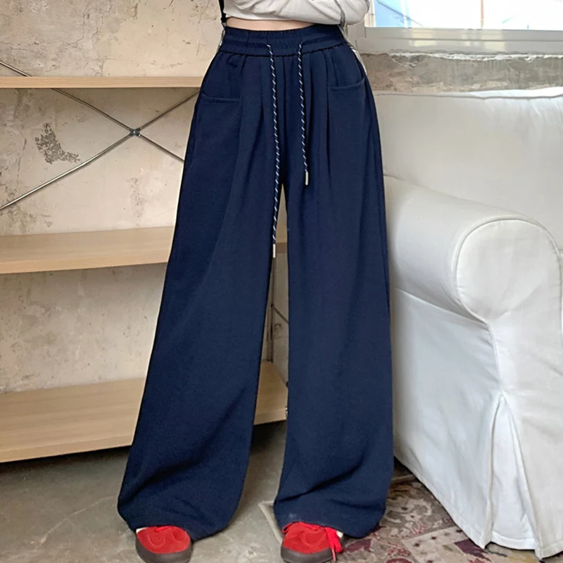 2024 Autumn Women Hip Hop Style Baggy High Waisted Long Pants Lady Versatile Streetwear Solid Color Drawstring Wide Leg Trousers 3