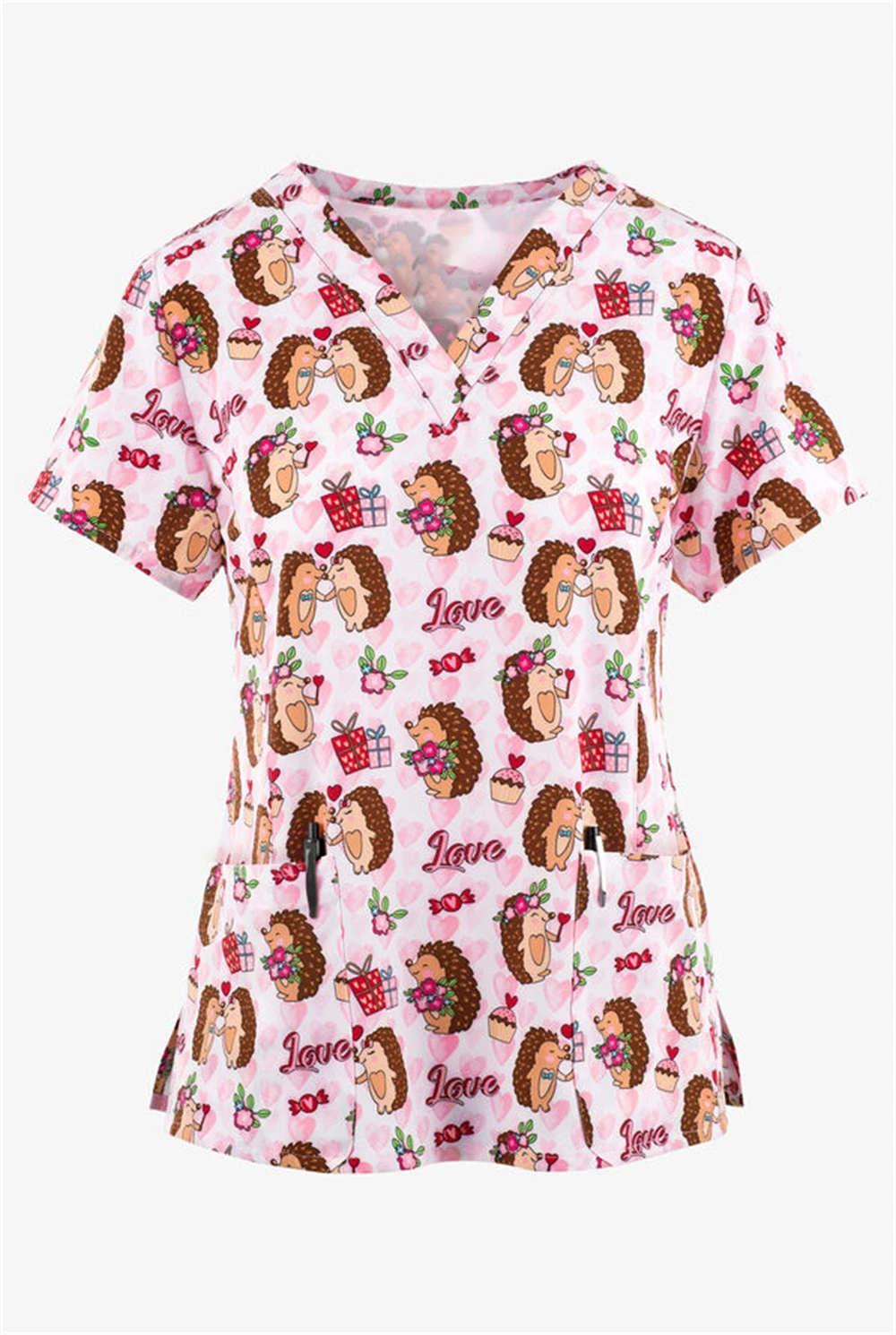 Slim Floral Print Matte Top Vneck Female Veterinary Nurse Uniform