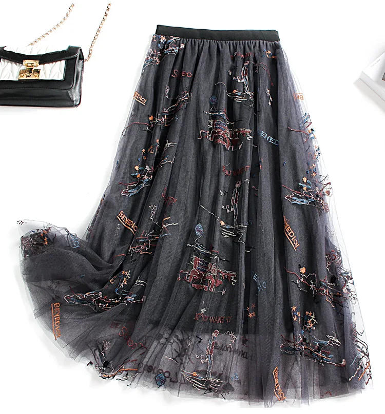 2020 Autumn/winter New Heavy-duty Embroidery Mesh Skirt Female Autumn/winter High-waisted Multi-layer Gauze Skirt Fairy Skirt pencil skirt Skirts