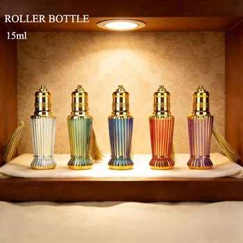 1pc 15ML Gold Plated Glass Roll-On Bottle with Tassel Cap Luxury Portable Perfume Roller Bottle For Purse and Travel Random 1