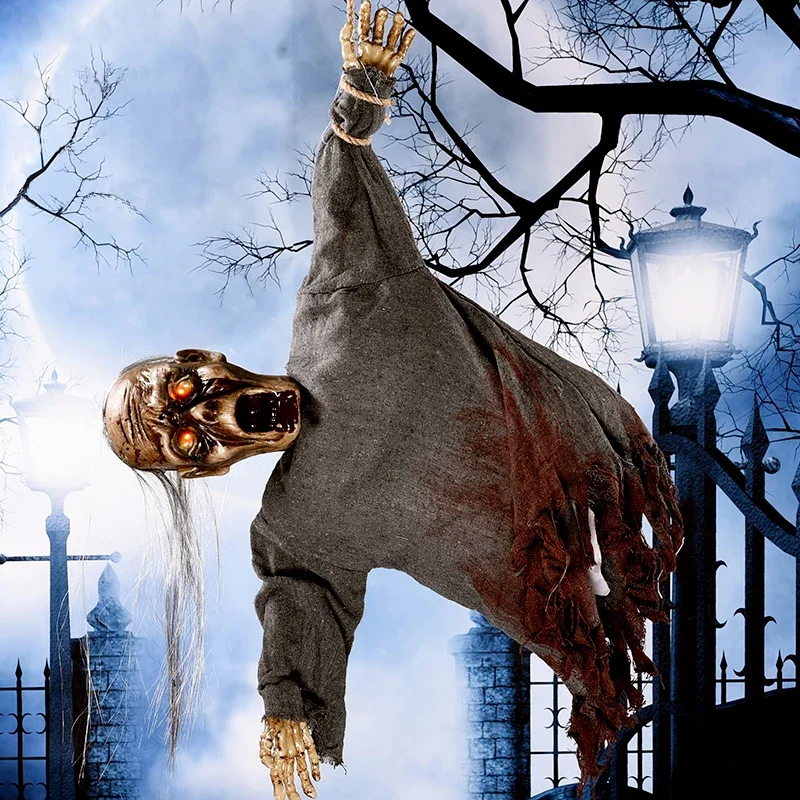 Electric Hanging Ghost Halloween Horror Decoration Long Hair Old Man Zombie Glowing Sound Toys Haunted House Party Decor Props