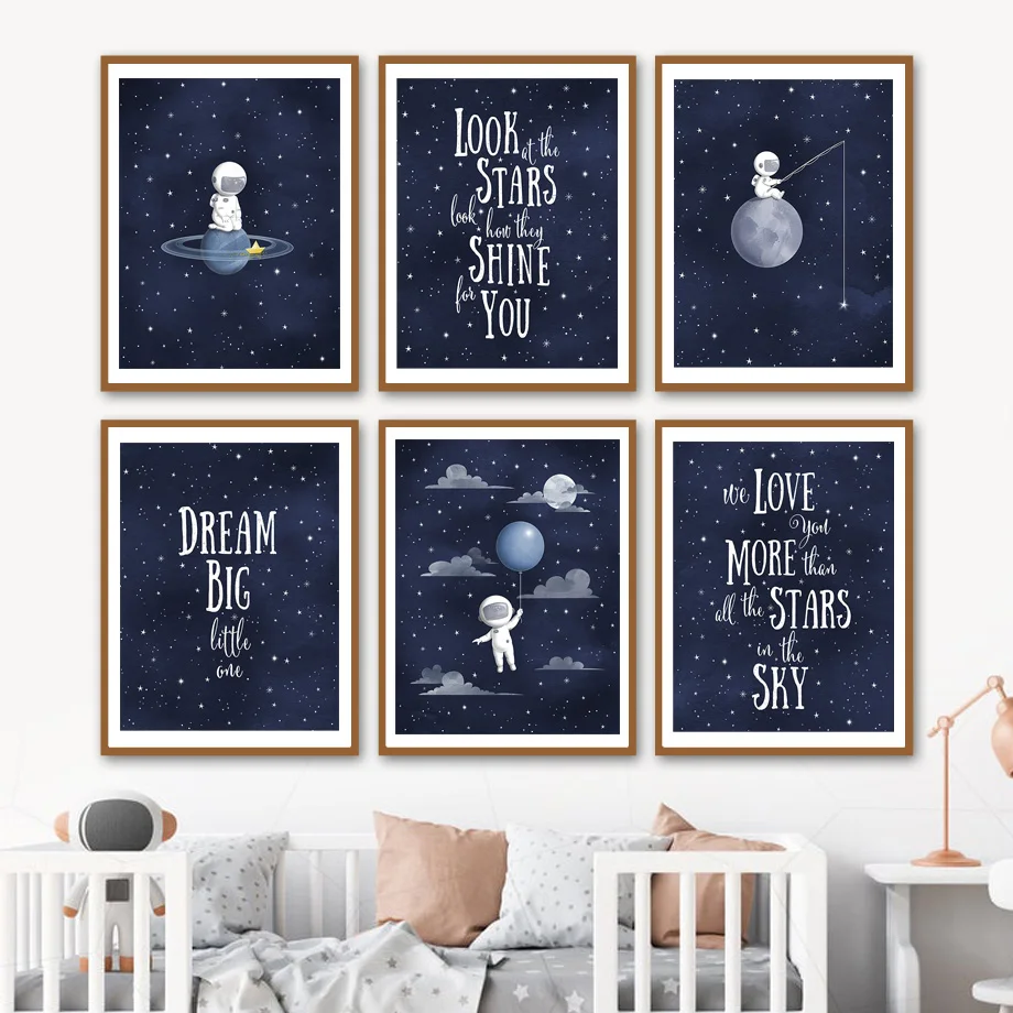 

Astronaut Space Moon Stars Nursery Posters Wall Art Prints Inspirational Baby Quotes Canvas Painting Decor Pictures Kids Room