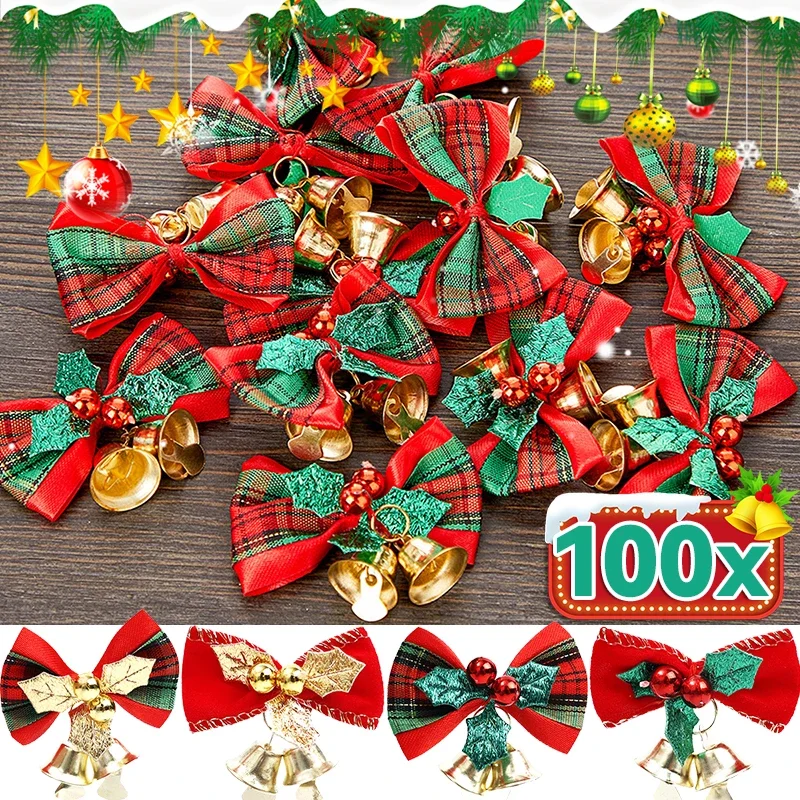 1/100PCS Mini Bowknot Jingle Bell Christmas Trees Hanging Pendant Small Bow with Bell Ornament Party Gifts New Year Decorations