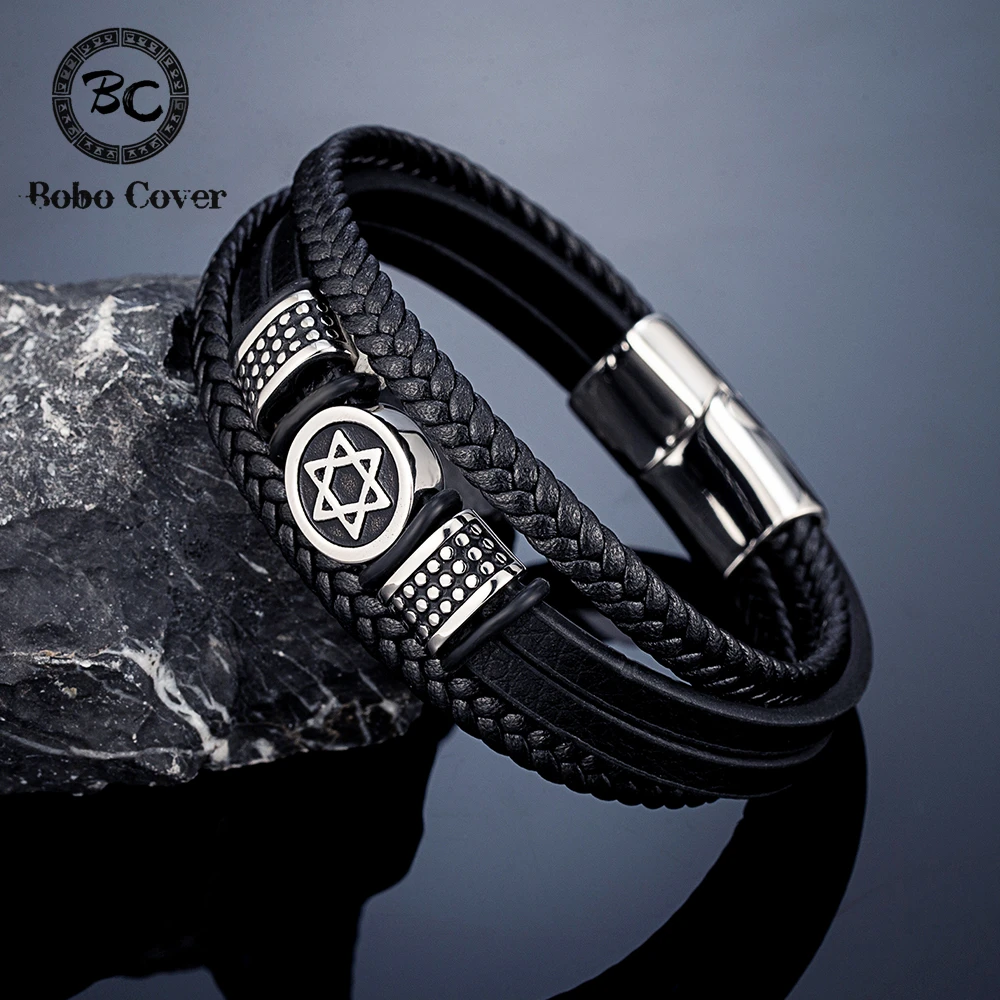 Retro Norse Hexagram Star of David Bracelet Men Stainless Steel Six Point Star Amulet Leather Wristband Religion Jewish Jewelry
