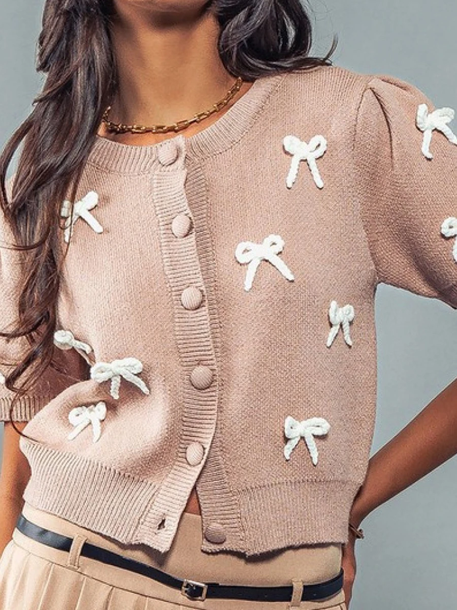 Ladies Fall Sweater Jacket with Half Sleeves Round Neckline Button Closure and 3D Bow Detail Knit Cardigan