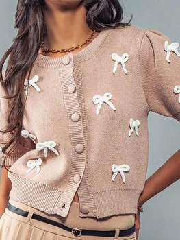 Ladies Fall Sweater Jacket with Half Sleeves Round Neckline Button Closure and 3D Bow Detail Knit Cardigan 2