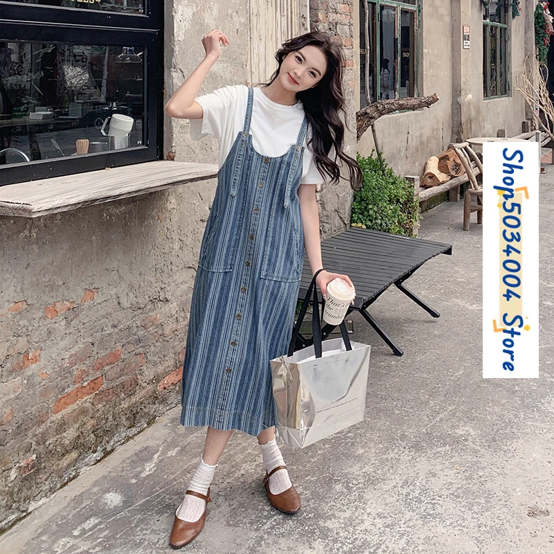 

2024 Summer New Japan Style Vintage Stripe Denim Strap Dress for Women Elegant Loose Casual Sweet Long Dresses Female C312