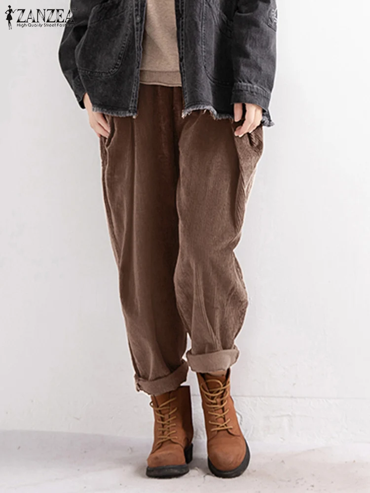 2023 ZANZEA Vintage Women\'s Corduroy Trousers Autumn Long Pants Casual Elastic Waist Loose Pantalon Palazzo Female Chic Turnip