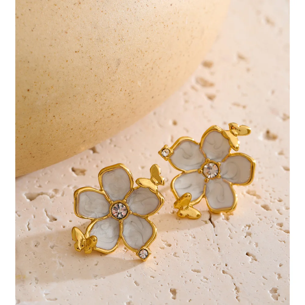 Yhpup Fashion Zirconia Pearls Enamel Flower Sweet Stud Earrings