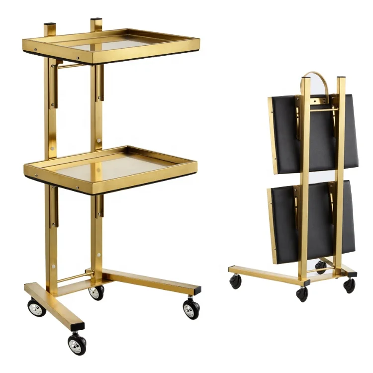 Portable gold folding trolley beauty salon stainless steel 2 tray 4 universal wheels rolling 4 4 off road universal steel roll bar adjusted anti rolling rack for pickups f150 ranger tundra tacoma silverado ram