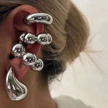 Exaggerated Punk 4-piece Set Gold Color Ear Clip Earrings For Women Metal Earing Jewelry Ear Cuffs Without Hole Fake Earrings