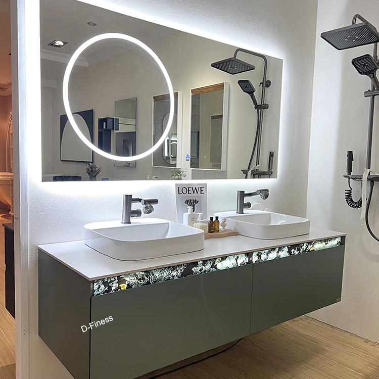 

luxury wall mount floating green color double sink cabinet bathroom vanity with drawers and light on cabinet