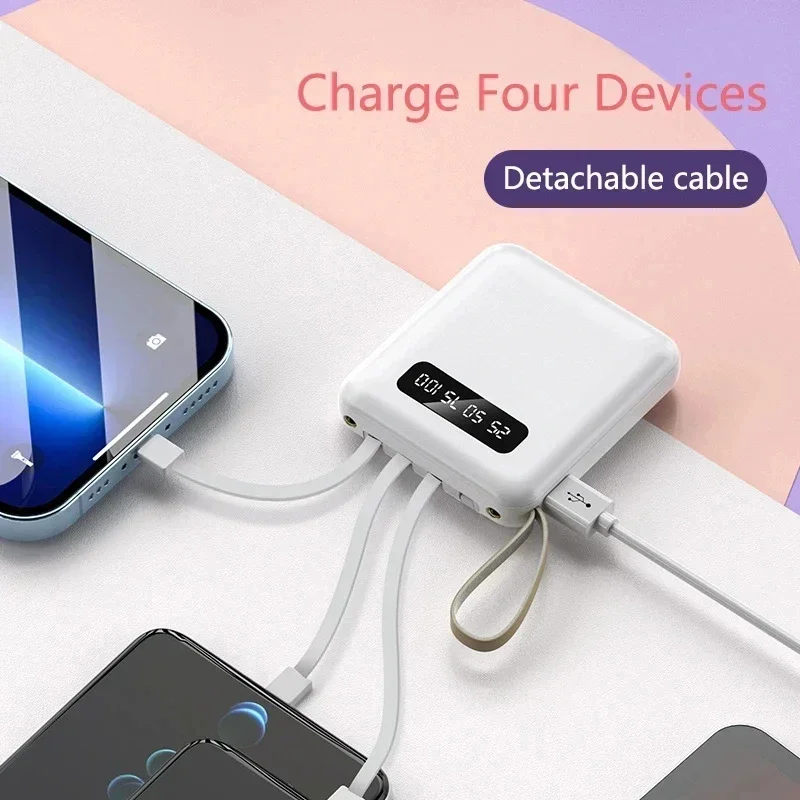 Mini Power Bank 10000mAh Fast Charging Built in 4 Cables Portable Charger Powerbank for IPhone Xiaomi IPhone External Battery 4