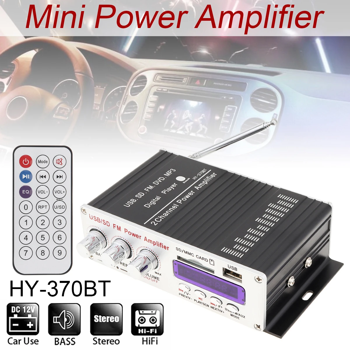 370BT HIFI auto amplificatore Audio telecomando 2 canali suono  amplificatore ad alta potenza SD USB DVD MP3 FM Radio Playe| | - AliExpress