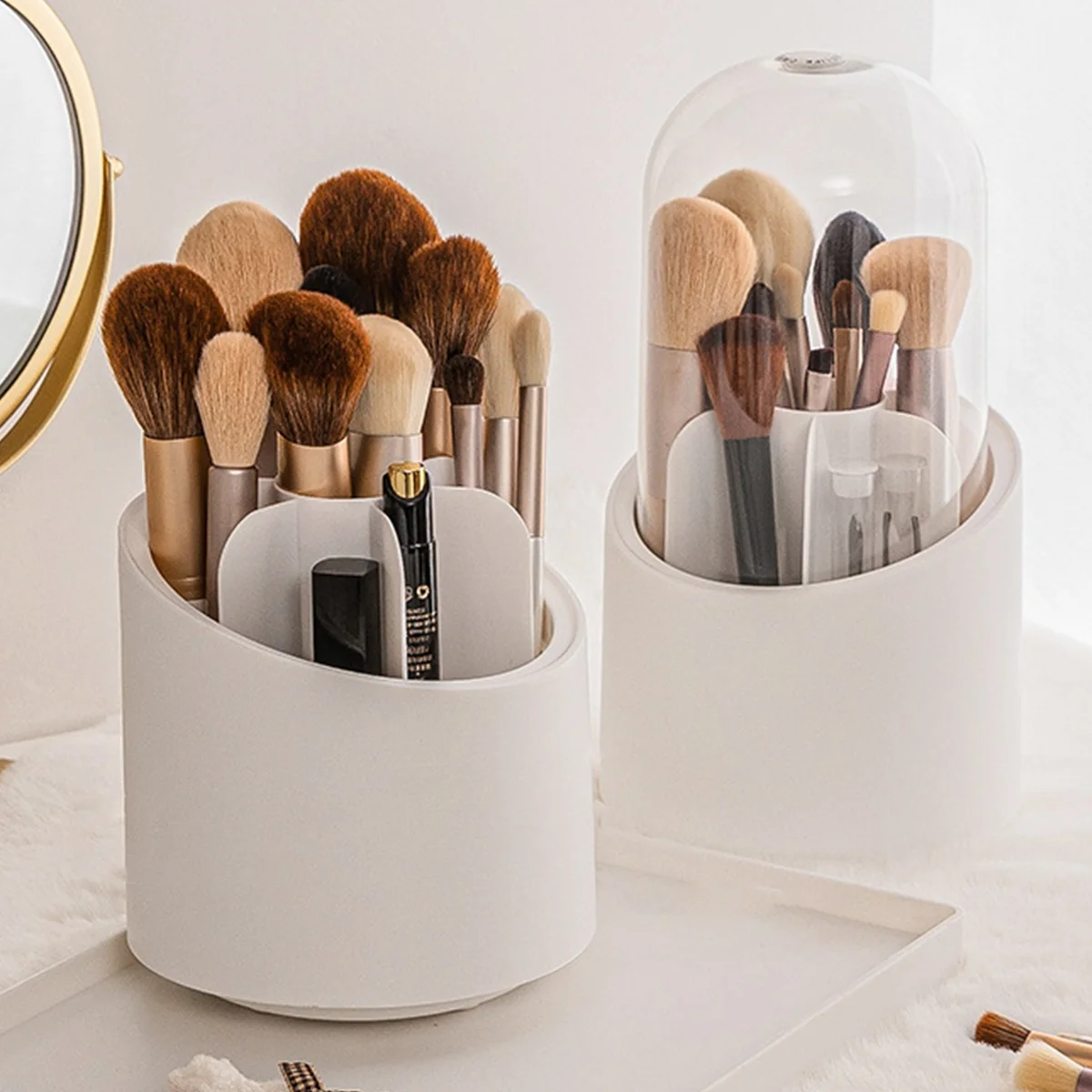 Desktop Cosmetics Brush Organizer Lipstick Eyebrow Pen Holder Eye Shadow Storage Box 360° Rotating Makeup Brush Holder With Lid 6