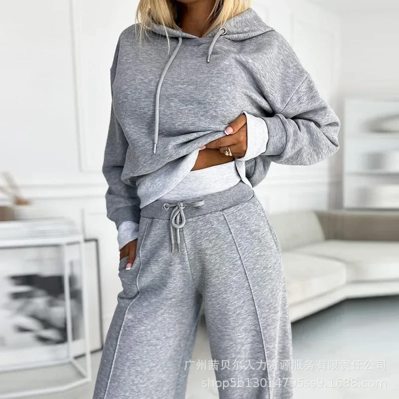 

Long Sleeve Hooded Sweatshirt Hoodies High Waist Wide Leg Pants Suit Elegant Women Two Piece Set Sport Tracksuit Y2K INS Outfits