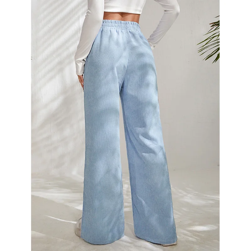 Autumn and Winter Solid Color Elastic High Waist Casual Pants Commuting Pockets Corduroy Spliced Split Hem Trousers for Women