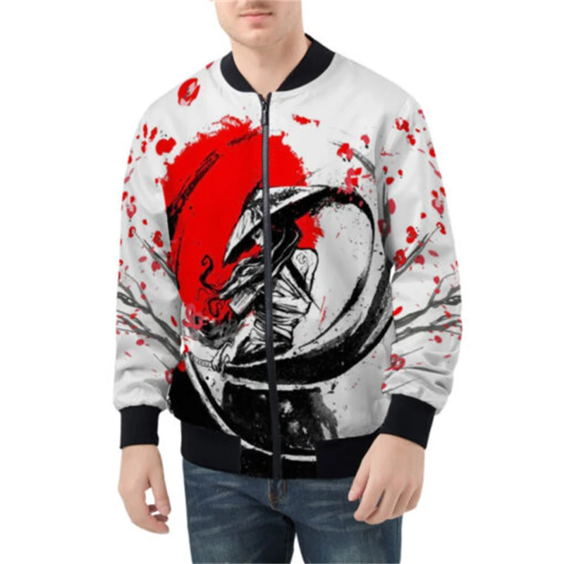 thumbnail image 1 of Chaqueta de primavera y otoño para hombre, con estampado 3D de máscara de samurái Oni y tatuaje, con cremallera por todas partes, chaquetas de bombardero para hombre, abrigos casuales unisex, ropa gen, 1 of 5