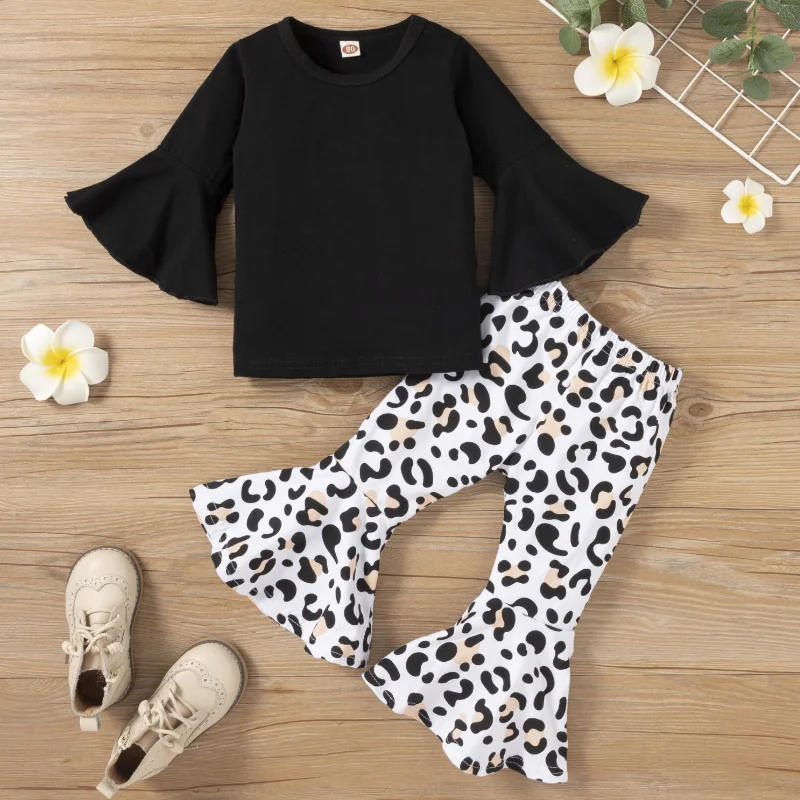 

New Girl's Black Pure Cotton Medium Long Flare Sleeve T-Shirt with Leopard Print Pants Fashion Party Show Girl Set