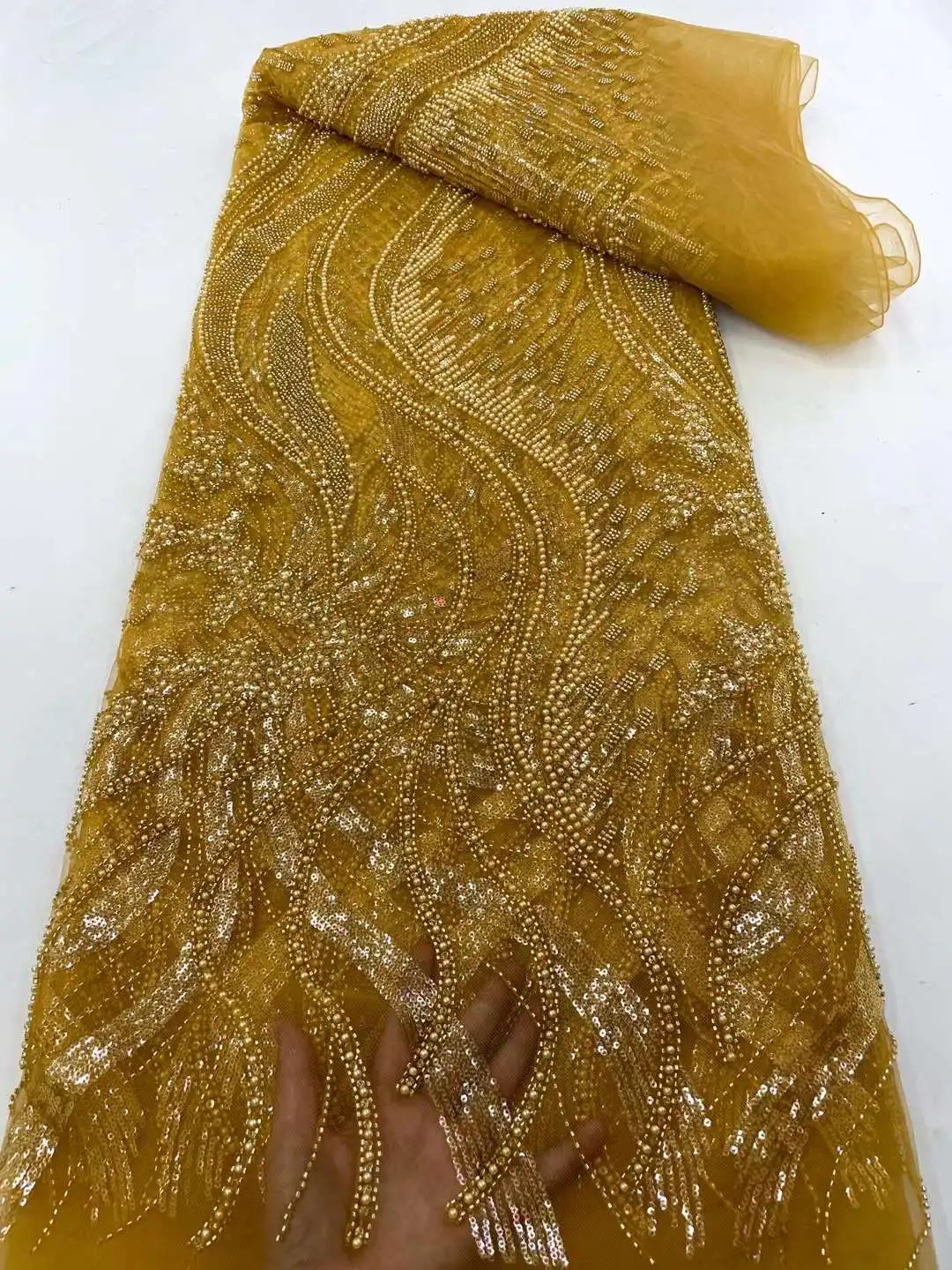 

Luxury African Sequins Lace Fabric 2023 High Quality Embroidery Handmade Sequence Beaded Lace Fabric For Bridal 5 Yards WS65AA
