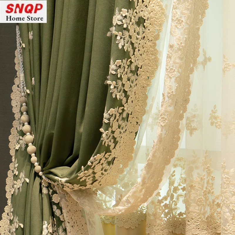 European Lace Green Velvet Luxury Curtains for Living Room Bedroom Dining Tulle Window Blackout Embroidered Elegant Decor