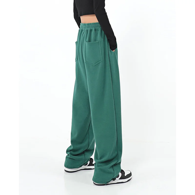 100% Pure Cotton American Style Solid Casual Sweatpants Women Spring Summer Streetwear Drawstring High Waist Wide Leg Trousers