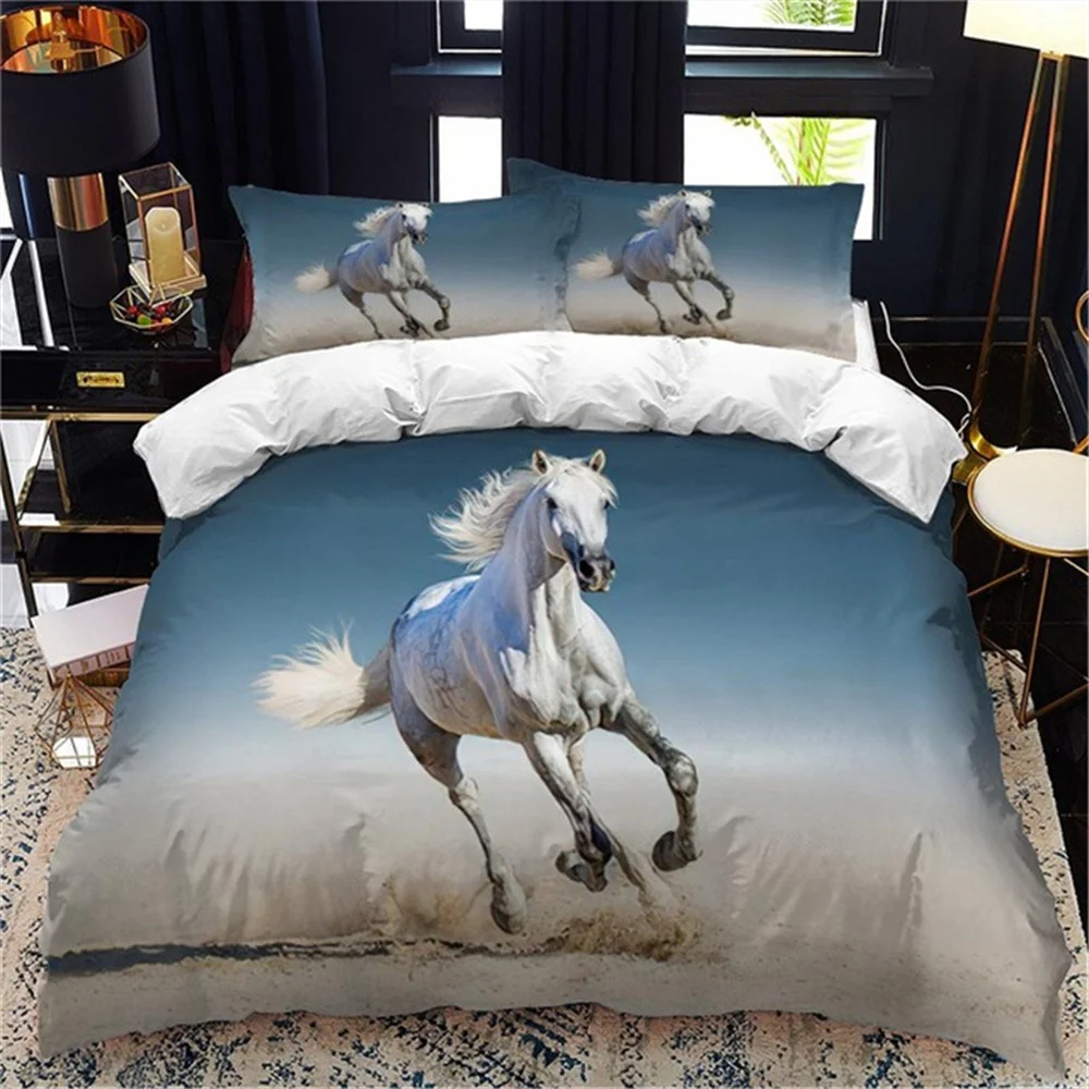 

Комплект постельного белья с белой лошадью для мальчиков и девочек, двуспальный размер, пододеяльник, наволочка, кровать для детей и взрослых, модный домашний текстиль
