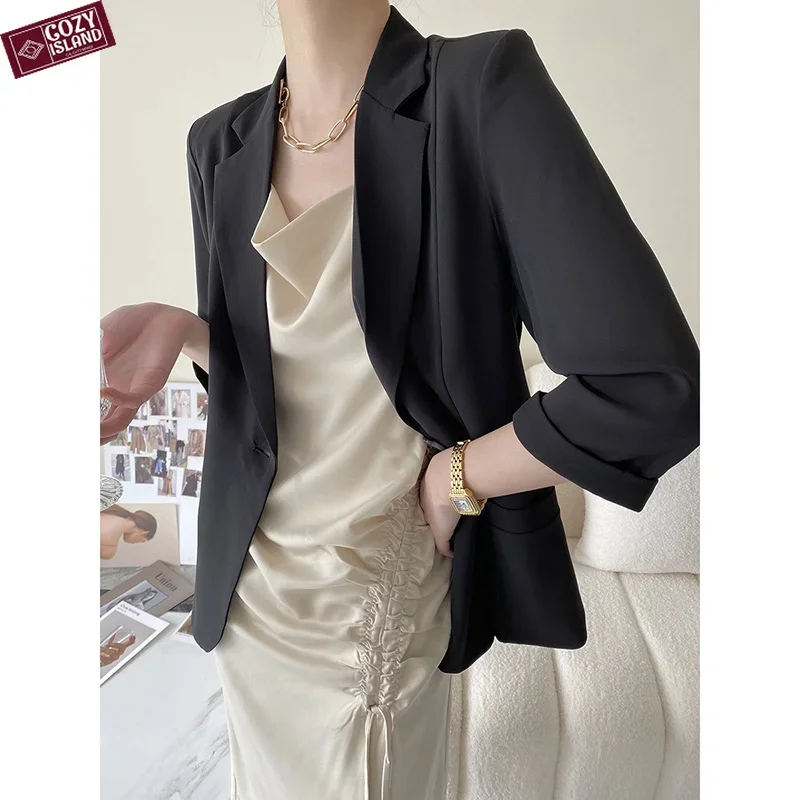 Black Suit Jacket Chiffon Blazers Women 2023 Half Sleeve Spring Autumn Korean Style Casual High-end Slim Suits Straight Coats