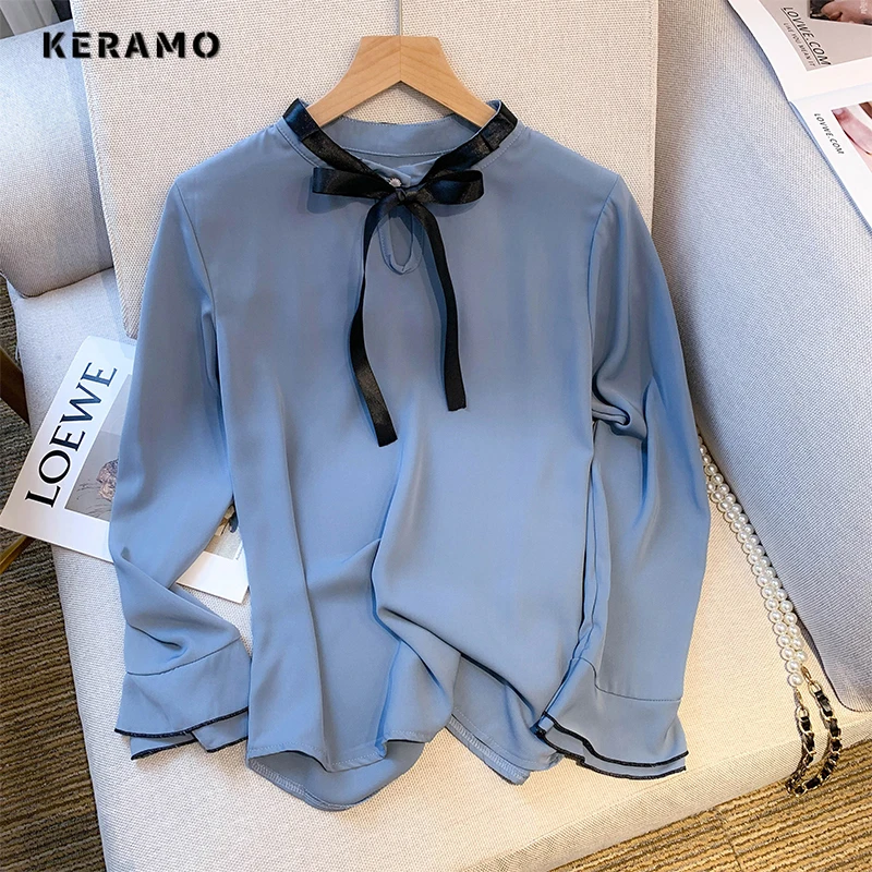 

French Style Elegant Stand Collar Solid Color Luxury Blouses 2023 Autumn Women Casual Bow Long Sleeve Chiffon Thin Shirts Top