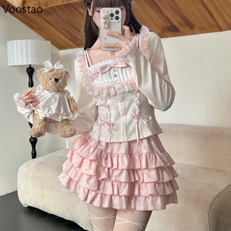 Sweet Cute Lolita Princess Skirt Sets Autumn New Bow Lace Splicing Long Sleeve Slim Tops Kawaii Cake Skirt Two Piece Set Women 3