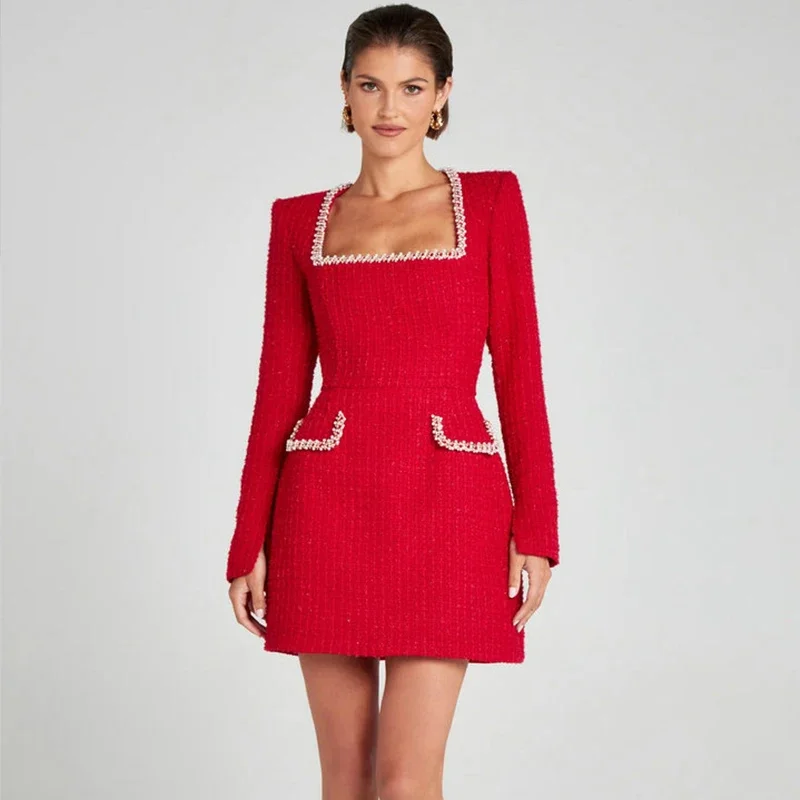 Elegant Tweed Short Party Dress Women Long Sleeve Square Collar Fake Pocket Evening Dresses Autumn Shiny Slim A-line Robes