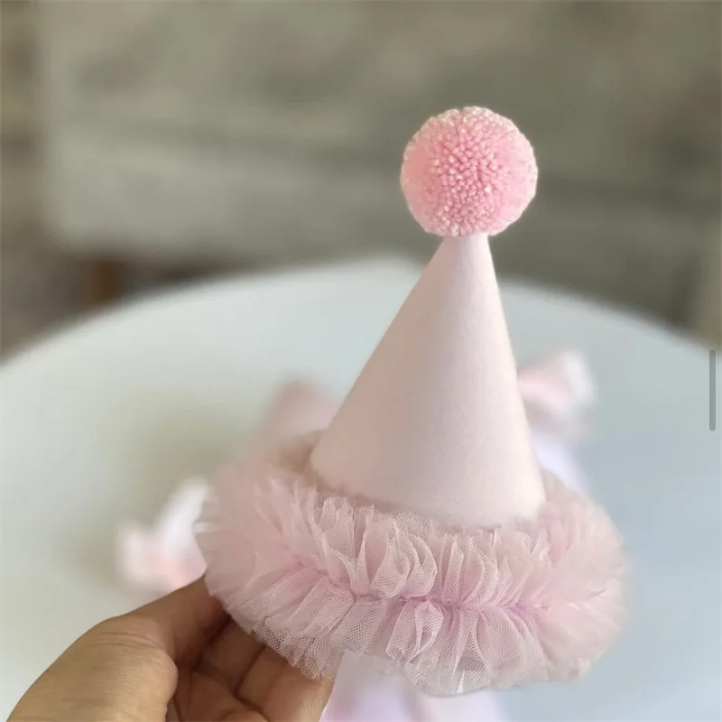 Pink Bow Lacet Cute Women's Birthday Party Hat Korean Style Decorative DIY Fabric Cake Topper Home Goods