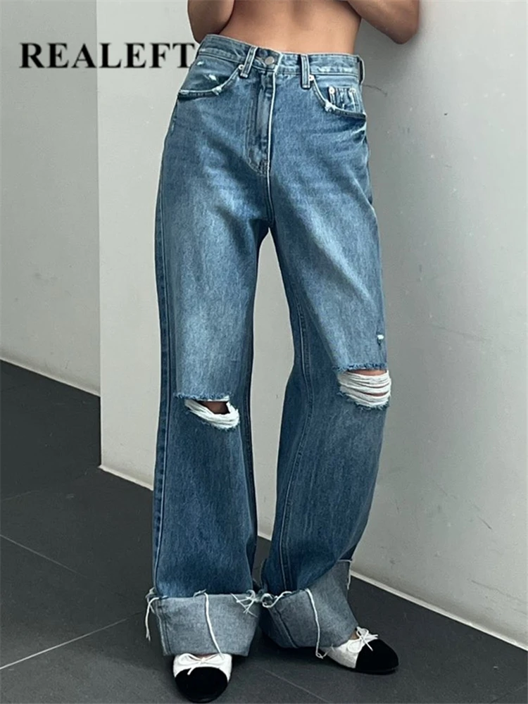 Женские джинсы с широкими штанинами REALEFT, повседневные Прямые уличные брюки из денима с дырками и высокой талией, весна-лето 2023
