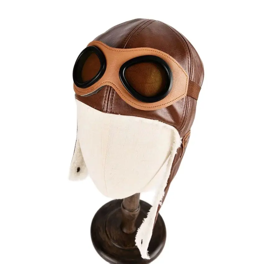 Children's Winter Leather Bomber Hat Keep Warm Glasse Boy Pilot Girl Ear Protection Cap Soft Artificial Fur Cold Change T46