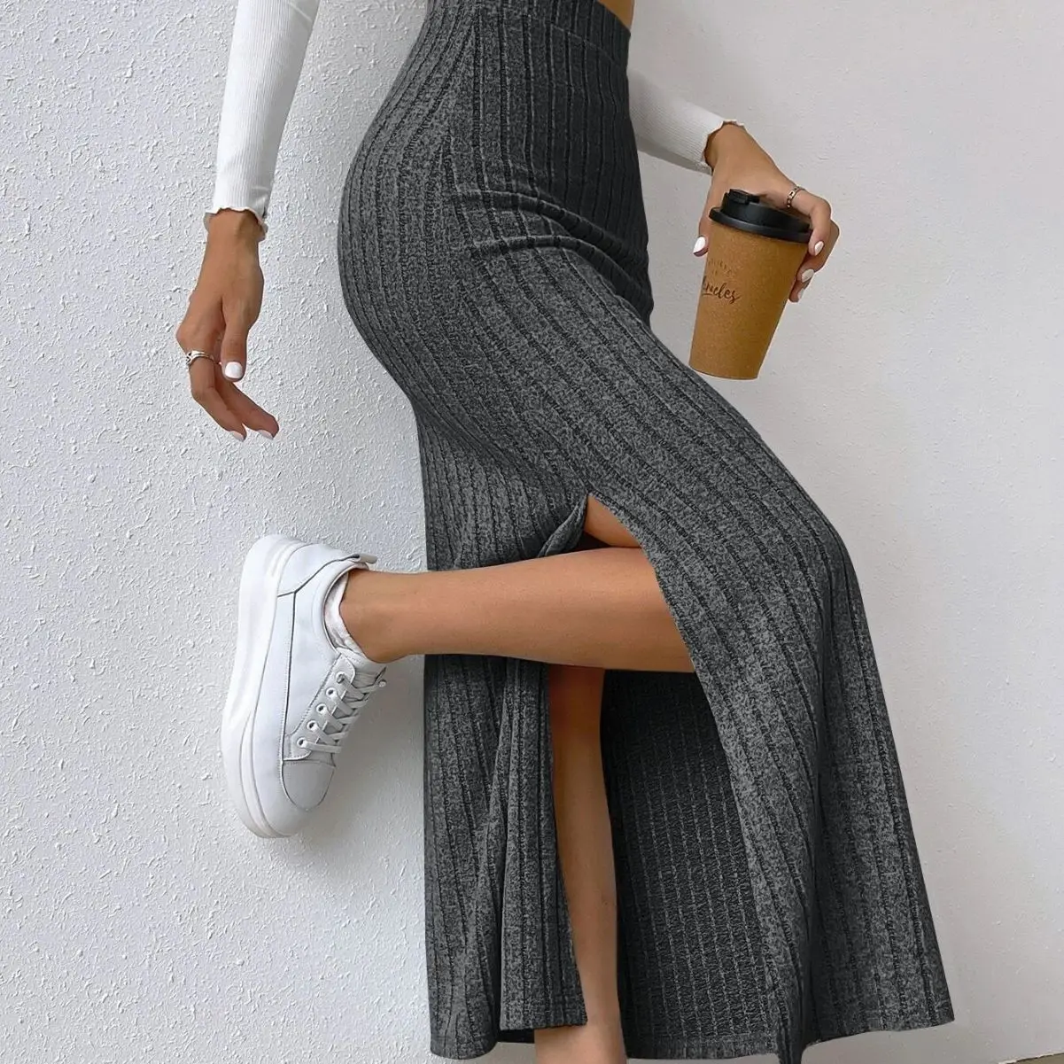 Spring Autumn Casual Women High Waist Skirt Sexy Knitted Side Slit Skirt Elegant Solid Office Long Skirts For Women Fashion 2023