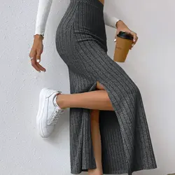 Spring Autumn Casual Women High Waist Skirt Sexy Knitted Side Slit Skirt Elegant Solid Office Long Skirts For Women Fashion 2023