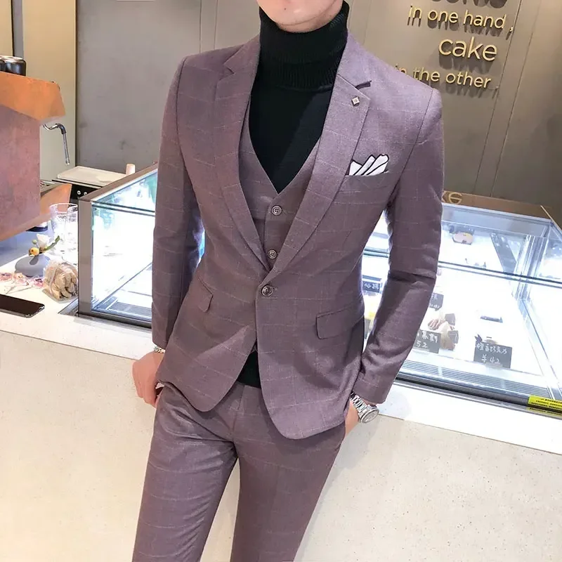 Luxury Men Dress Suits British 3Piece Set Men Wedding Suit New 2020 Fall Mens Business Formal Plaid Suit Men Slim Fit Dress Suit 5