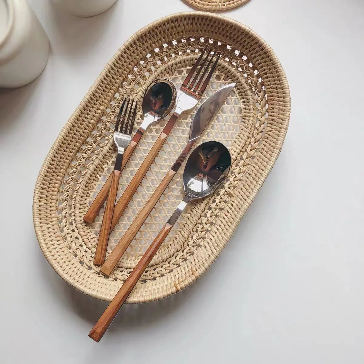 New Stainless Steel Tableware With Wooden Handle Spoon Steak Knife Fork Teaspoons For Home Kitchen Dinnerware Tools Accessories