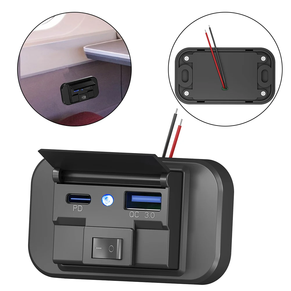 

1x Universal Car Charger Socket With Dustproof Cap Dual USB Port 36W QC3.0+PD Power Adapter Outlet Panel Mount Black ABS Part