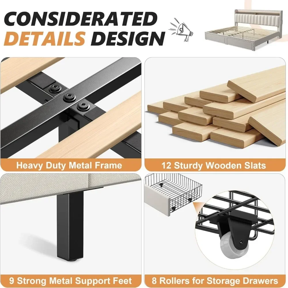 Bed Frame with Storage and Headboard, Upholstered King Bed Frame with Storage and 2 Drawers Bed,Frame with Storage 6