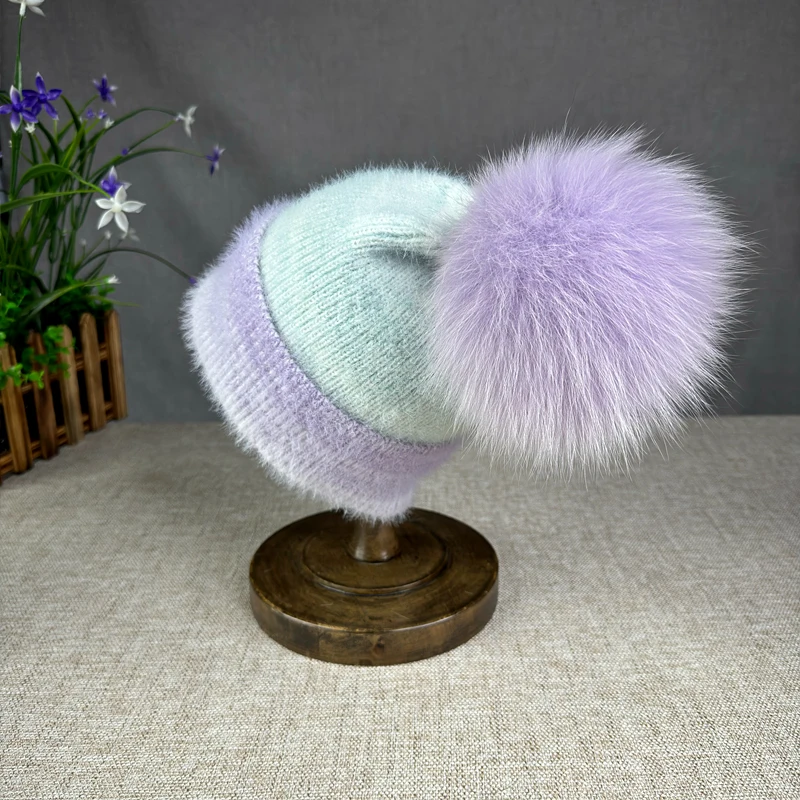 2025 New wool High quality Winter Hats Soft Beanies Hat For Women Classic Knit Girl Hat natural fur pompom hat Warm Cap 3
