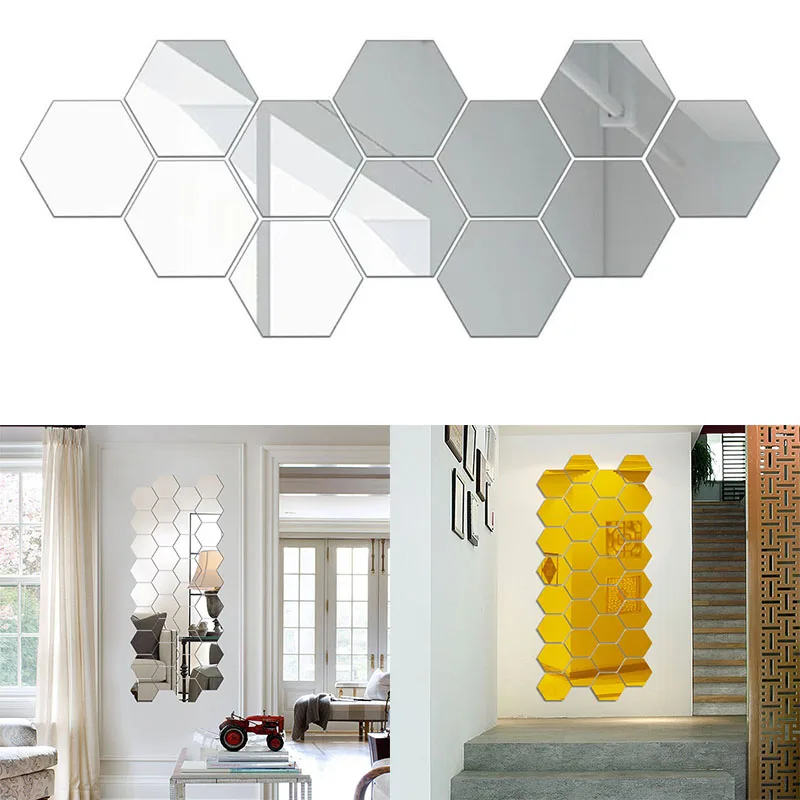 Bedroom Art Wall Home Decor Mirror Hexagon 3D Mirror DIY Wall Sticker 12Pcs wall stickers