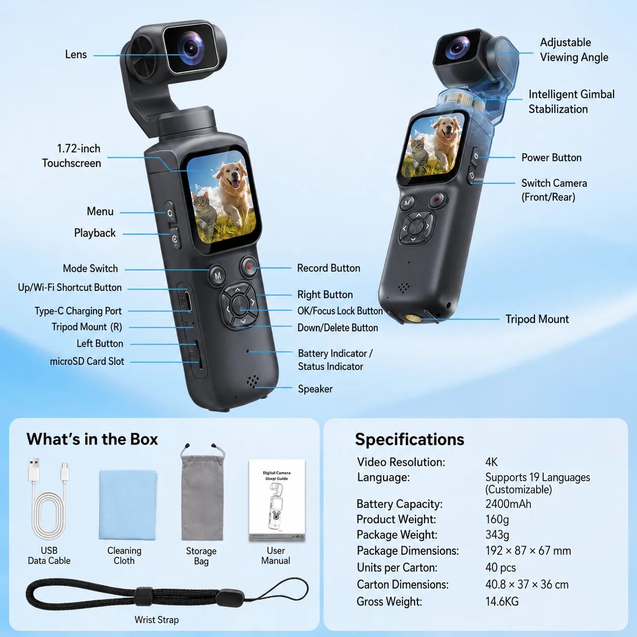 휴대용 4K 30FPS 액션 카메라 75MP 울트라 HD 사진 AI 얼굴 추적 330 ° 회전 렌즈 터치스크린 WiFi 브이로그 짐벌 카메라