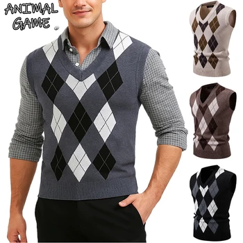 Animal Game Mens Casual Vest Sweaters V Neck Sleeveless Knitwear Casual Slim Fit Pullover Knit Man Tank Top Outdoor Cold Blouse