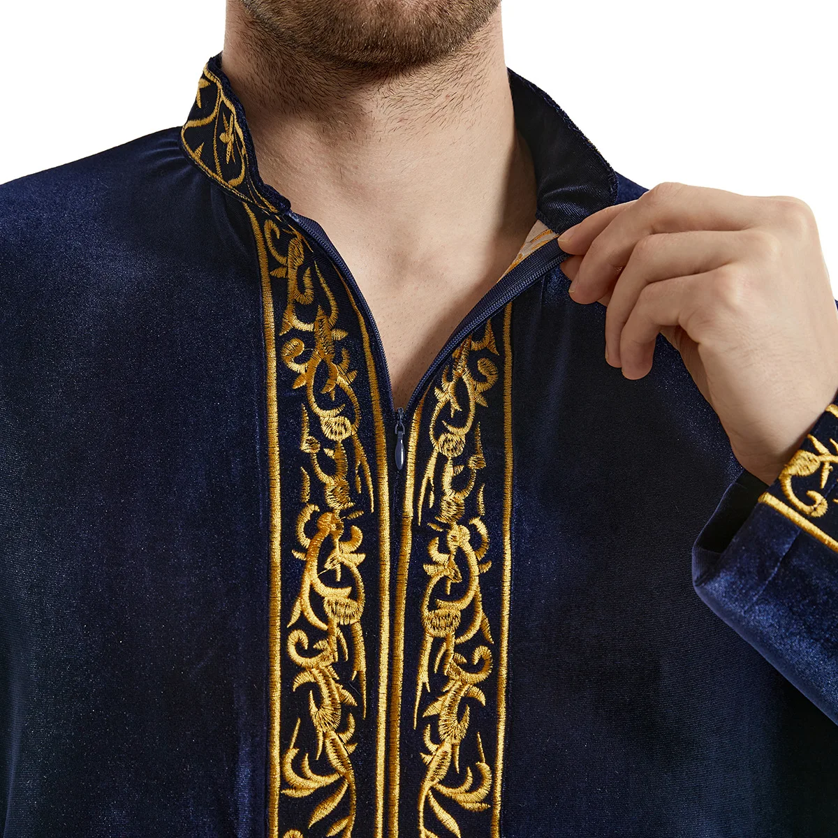 Middle East Muslim Gold Velvet Embroidery Men\'s Robe Arabian Islamic Prayer Dress National Costume Noble Luxury Long-sleeved Top