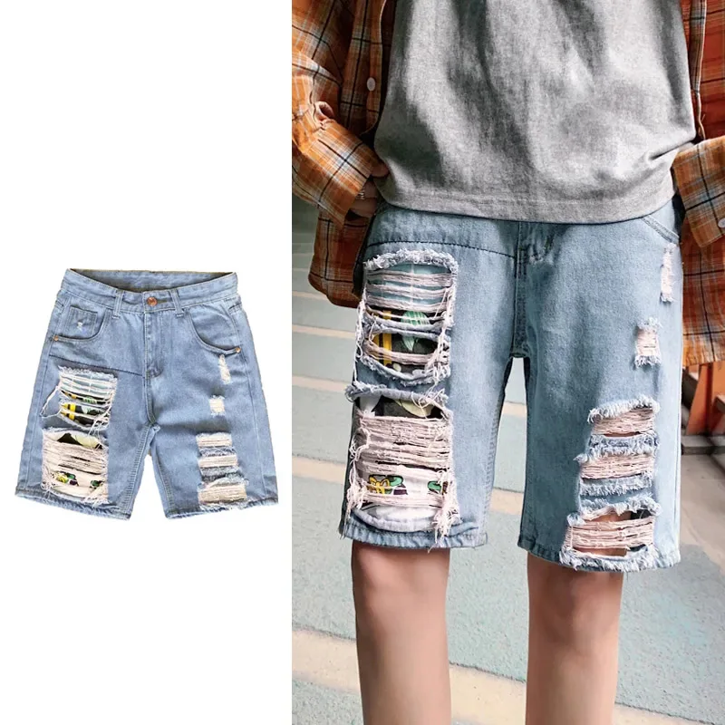Summer Loose And Perforated Jeans 2024 Korean Version High-Quality Thin And Cute Anime Printed Denim Shorts For Men And Women
