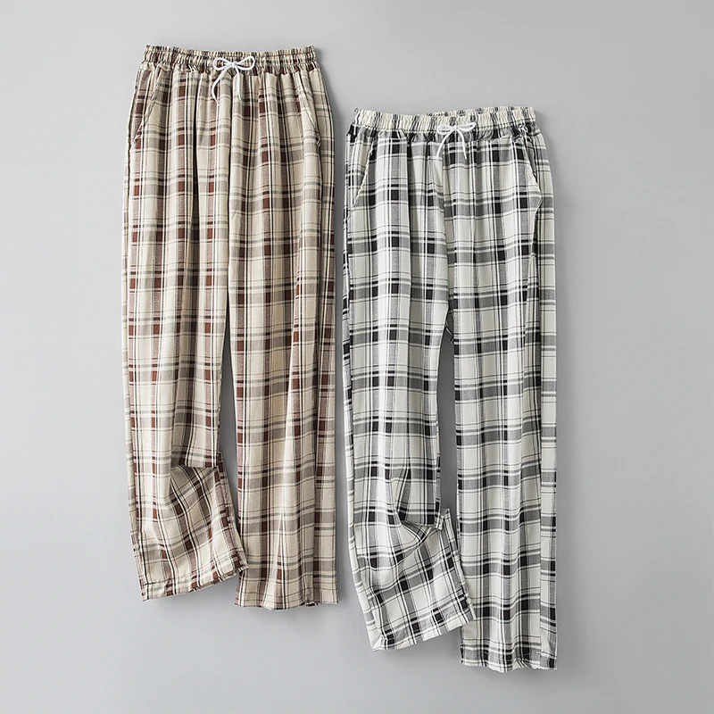 HOUZHOU Plaid Pants Men Linens Korean Checked Trousers Male Streetwear Fashion Bottoms Summer Wide Leg Pants Harajuku Breathable