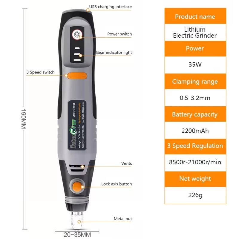 USB 미니 무선 드릴 펜, 충전식 무선 조각 펜, 3 단 회전 도구, 드레멜 전기 드릴, 연삭 액세서리