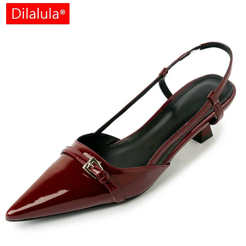 Dilalula 2024 Genuine Leather Sandals Office Ladies Covered Pointed Toe Buckle Decoration Med Heels Slip On Dating Sandals