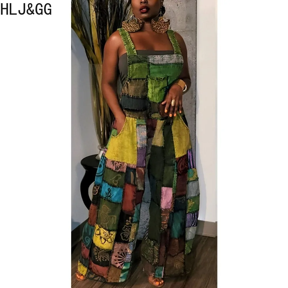 HLJ&GG Fashion Bohemian Paisley Printing Loose Strap Jumpsuits Women Sleeveless Backless Wide Leg Pants Playsuits Casual Overall